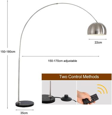 Дуговий світильник ACMHNC Світлодіодний торшер з регулюванням яскравості, Світильник для вітальні з дуговою лампою з пультом дистанційного керування, Торшер хромований з мармуровою основою, регульований по висоті