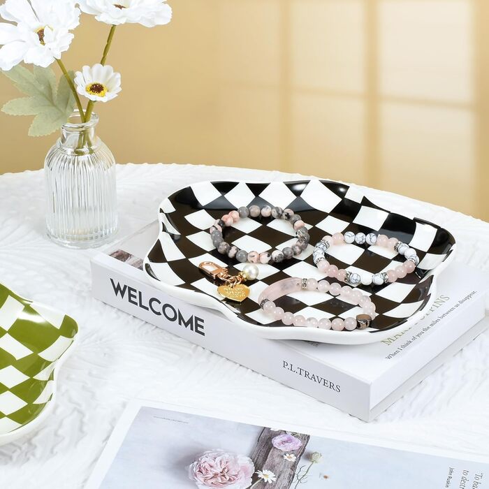 Піднос для ювелірних виробів Koythin, керамічна тарілочка для ювелірних виробів, органайзер для ювелірних виробів, картатий візерунок, естетичний, декоративний для кухні, ванної кімнати (чорно-біла шахівниця)