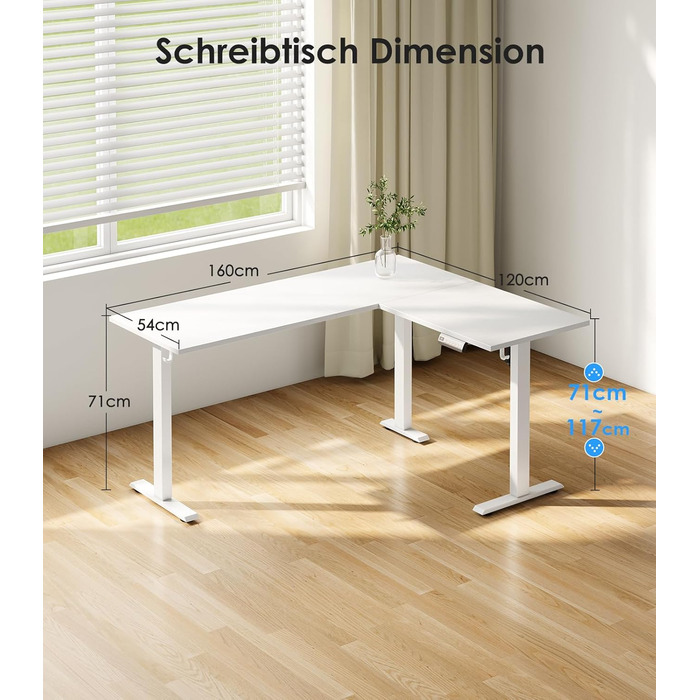 Подібний стіл OffiGo з регульованою висотою, 160 x 120 см, стіл з електричним регулюванням висоти, кутовий стіл, ергономічний стіл для роботи сидячи та стоячи, комп&39ютерний стіл, білий, 160 x 120 см
