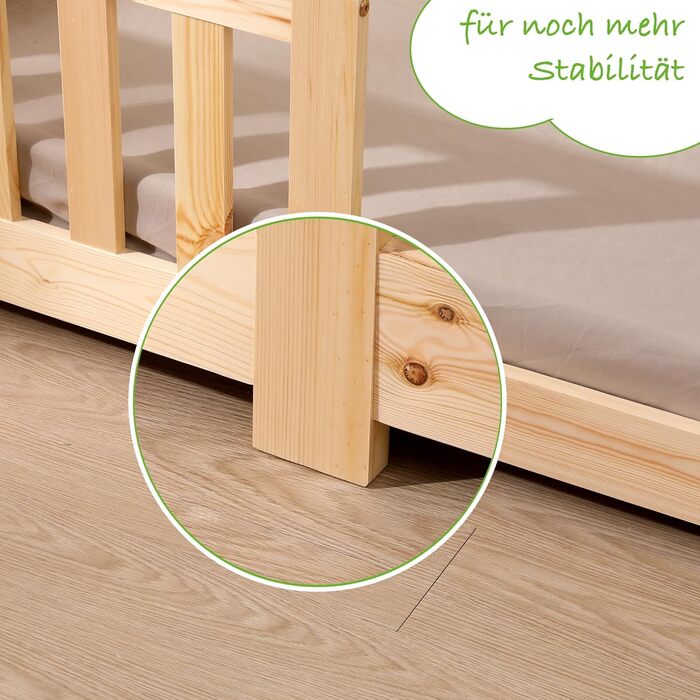 Дитяче ліжко ecomi 80x160 із захистом від падіння, Ліжко на підлозі, Рейкова основа для дітей, Дитячі ліжка для дівчаток та хлопчиків, Масив сосни з натуральним покриттям, 80 x 160 см