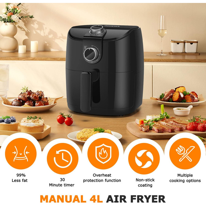 Аерофритюрниця Hayden Alpha 4L, побутова фритюрниця 1500 Вт зі швидкою циркуляцією повітря, таймер на 30 хвилин, регульована температура для здорового приготування з низьким вмістом жиру, чорний