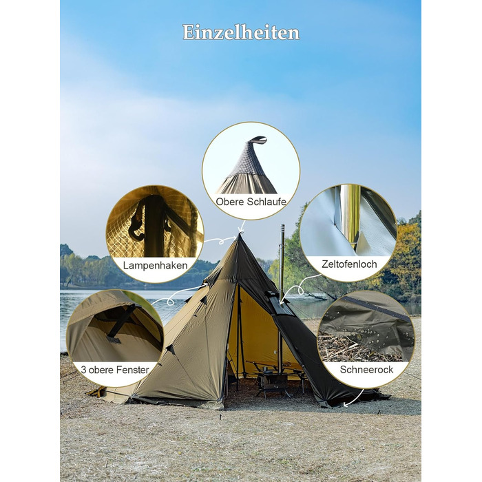 Намет TOMOUNT Tipi з нейлону, індіанський намет з високим хребтом для 6 осіб, пірамідальний намет з отвором для плити, 4-сезонний кемпінговий намет для активного відпочинку, кемпінгу, пішого туризму, трекінгу, самостійного виготовлення