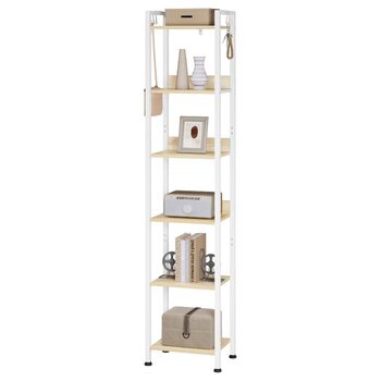 Ярусна полиця для зберігання WOLTU, кухонна полиця з 4 гачками, книжкова полиця в індустріальному стилі, окремостояча полиця для вітальні/кухні, вузька драбина, білий світлий дуб, 40x30x187 см, 6-