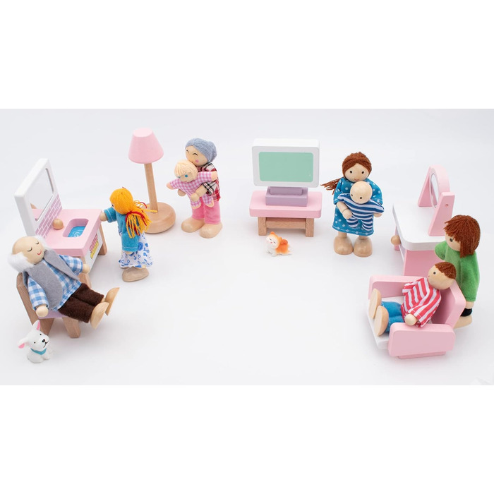 Дерев&39яний ляльковий будиночок для сім&39ї з котом та собакою, фігурки для лялькового будиночка для подарунка на аксесуари для лялькового будиночка