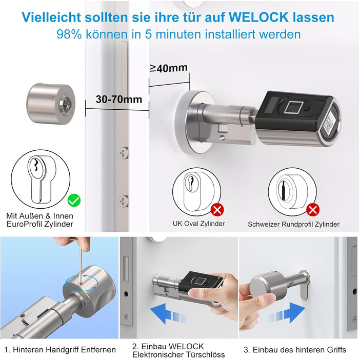 Електронний дверний замок передніх дверей із відбитком пальця, транспондер картки RFID, робочий додаток Bluetooth WIFI IP65 для дверей 30-70 мм, 51