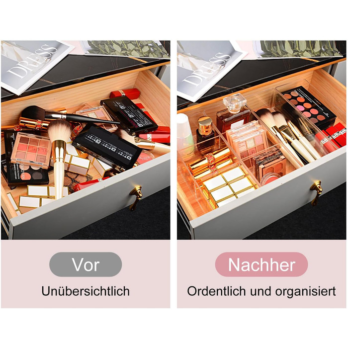 Набір органайзерів JessLab з 4 акрилових шухляд, прозорі коробки для зберігання косметики, ювелірних виробів та офісного приладдя, що складаються для туалетного столика, ванної кімнати, стільниці, комбінований набір з 2 з 1 відділенням та 2 з 3 відділення