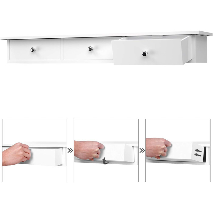 Настінна полиця SONGMICS, плаваюча полиця з 3 шухлядами, вантажопідйомність до 15 кг, 15 x 80 x 10 см, для коридору, вітальні, офісу, легке складання, економить місце, сучасна, біла LWS085W01