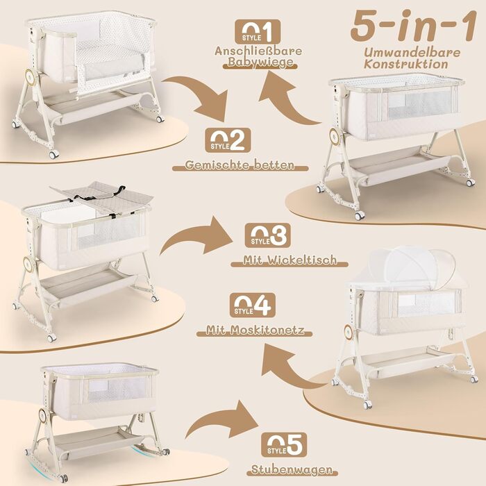 Дитяче ліжечко HOLAVIDA 5-в-1, регульована по висоті колиска, дитяча колиска з пеленальний столик, кошик для зберігання, москітна сітка, матрац, портативне дорожнє ліжечко для новонароджених/малюків (бежевий)
