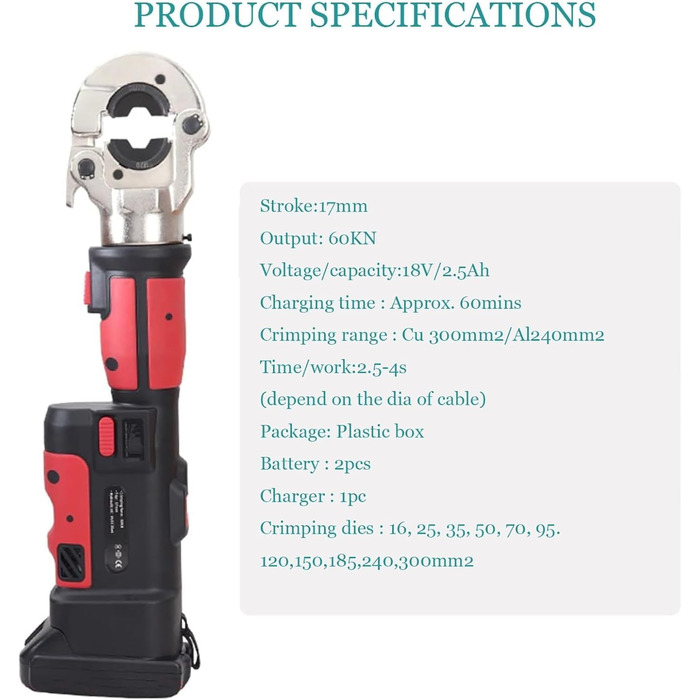 Акумуляторні гідравлічні обтискні кліщі Професійний електричний гідравлічний набір інструментів для обтиску кабельних наконечників Міцні обтискні кліщі з литої сталі Діапазон 16-300 мм Сірий