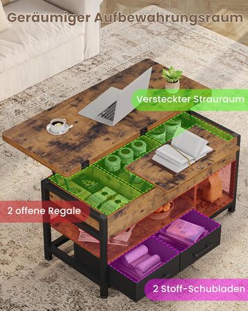 Журнальний столик з регульованою висотою, багатофункціональний стіл для вітальні 3-в-1, журнальний столик з 2 шухлядами, приховане місце для зберігання речей, відкрите відділення, можна використовувати як обідній стіл, для вітальні, офісу, коричневий