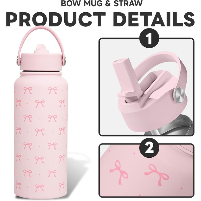 Термос з бантом, ізольована пляшка для води з нержавіючої сталі об&39ємом 32 унції, рожевий термос для жінок, дівчат, підлітків, подарунок на день народження
