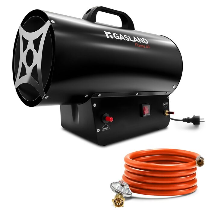 Газовий обігрівач GASLAND FlameJet FH30FBDE потужністю 30 кВт з редукційним клапаном 700 мбар, конвекційним нагрівом, турбовентилятором, захистом від перегріву