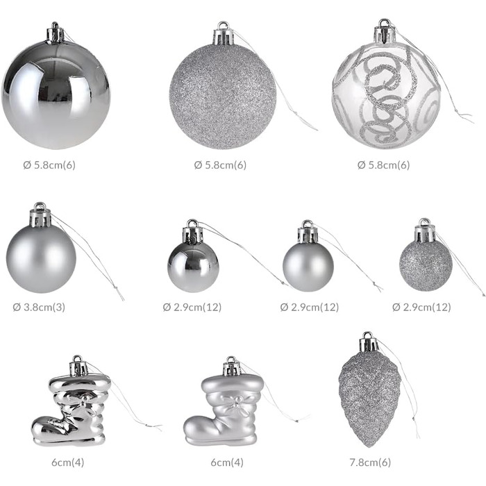 Різдвяні кульки для ялинки 102 шт срібні Deuba