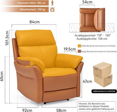 Крісло для відпочинку AIRSKY з натуральної шкіри, крісло для телевізора з функцією відкидання, крісло для кінотеатру, крісло для сну, крісло для старших, крісло для телевізора з функцією сну, ручне регулювання крісла для вітальні, спальні (помаранчеве)