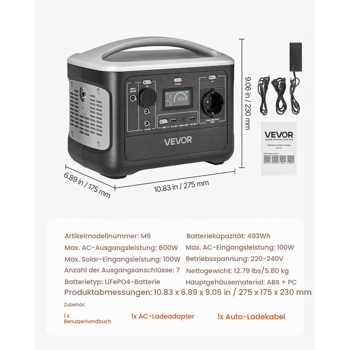 Портативна електростанція VEVOR 600Вт, сонячний генератор 493Втгод з LiFePO4 акумулятором та 7 виходами, для дому, кемпінгу та автодомів (без сонячної панелі)