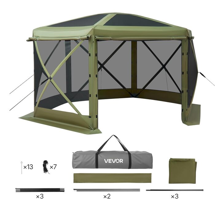Розкладний павільйон VEVOR, 3,6x3,6 м, великий 6-сторонній кемпінговий намет зі знімним дахом та сумкою для перенесення, намет для вечірок, сонцезахисний тент на 8-10 осіб, для саду та тераси, зелений