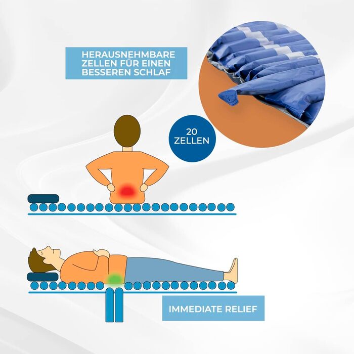 Протипролежневий матрац, Mobi 2, Для пролежнів I та II ступеня, Зі змінним повітрям, Самонадувальний надувний матрац, Повітряна подушка, 200 x 86 см, 9,5 см, 20 комірок, Колір синій