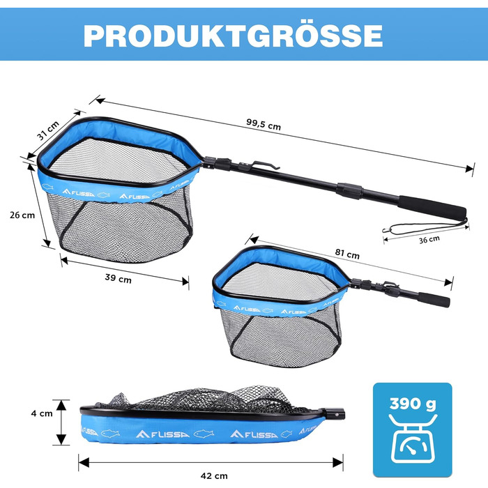 Підсак FLISSA для риболовлі, плавуча рибальська сітка, гумована рибальська сітка, складна, розсувна та зручна для риби, ідеально підходить для нахлистової риболовлі, риболовлі з каяка або човна