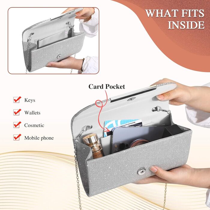 Жіноча вечірня сумка-клатч UBaymax сріблястого кольору, блискуча вечірня сумка на ланцюжку, модна сумочка, елегантна сумка-конверт через плече для новорічного балу, весілля, вечірки та весілля 03-сріблястий
