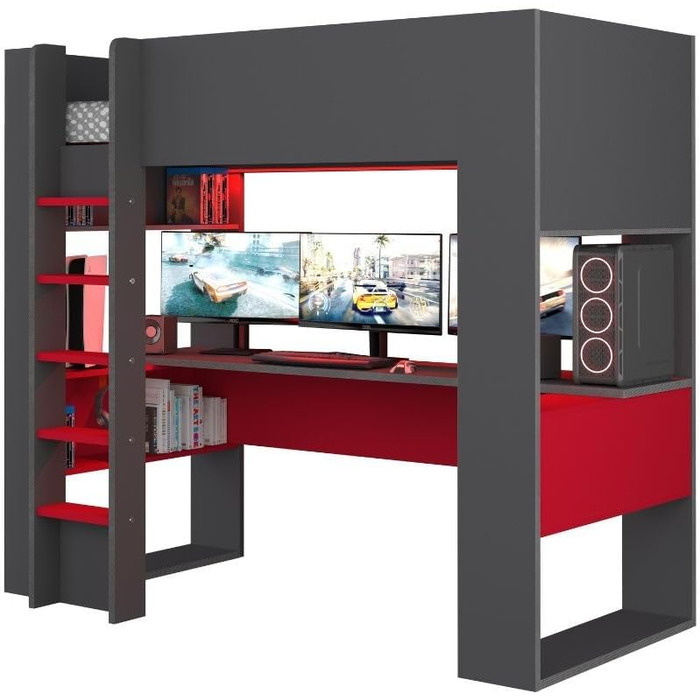 Дитяче двоярусне ліжко Gamex з ігровим столом в антрацитовому та червоному кольорах