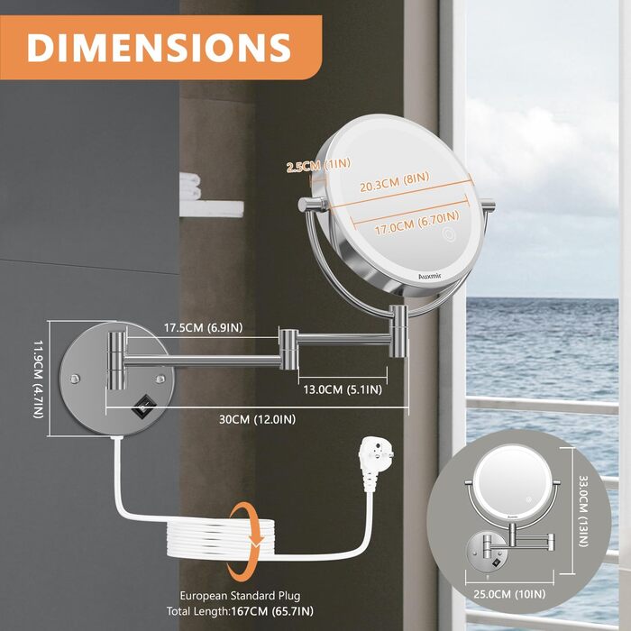 Косметичне дзеркало Auxmir зі світлодіодним підсвічуванням 1/10-кратне збільшення, дзеркало для макіяжу з регулюванням яскравості та сенсорним перемикачем, 3 кольори, настінне дзеркало для гоління для ванної кімнати, спа-салону та готелю сріблясте /10x