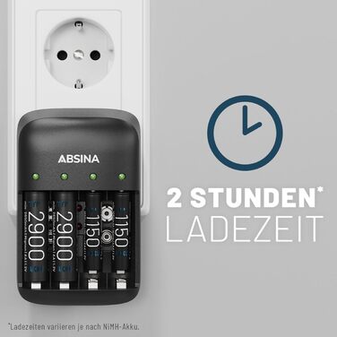 Зарядний пристрій для акумуляторів ABSINA AA, AAA та 9V, включаючи 4 батарейки AAA 1150 - NiMH 4-контактний зарядний пристрій для акумуляторних батарей - Зарядний пристрій для акумуляторів - 4-контактний зарядний пристрій, включаючи 4 батарейки AAA 1150