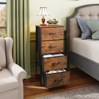 Комод WLIVE з 4 тканинними шухлядами, комод для спальні, комод для вітальні, з міцним сталевим каркасом, дерев&39яна стільниця, рустикальний коричневий вінтажний коричневий чорний 29,8 Г x 39,8 Ш x 98,2 В см (4 шухляди)