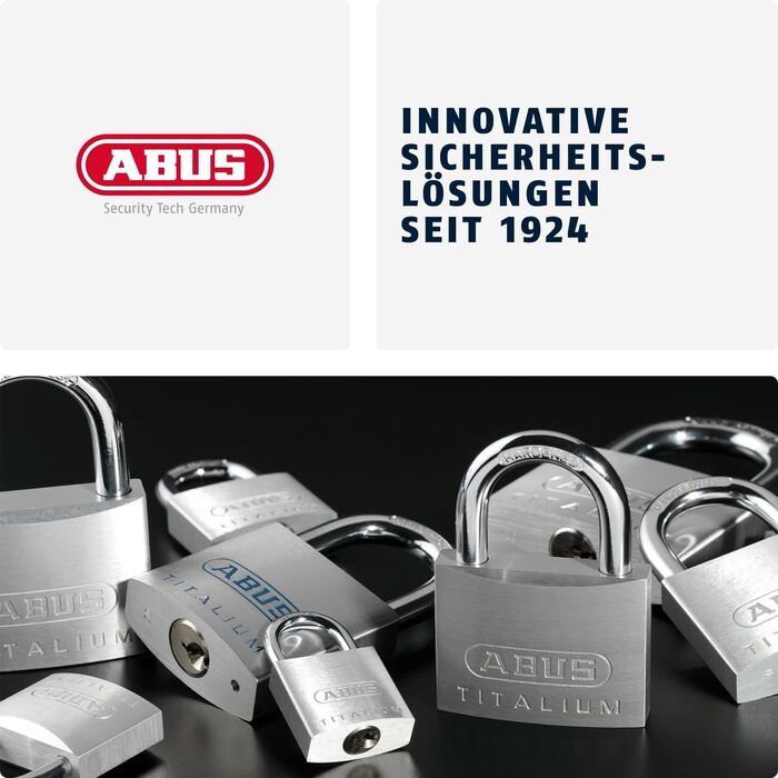 Замок навісний ABUS Titalium 82TI/70 - моноблочний замок для ролетних решіток, автоматів, контейнерів тощо - замикаючий болт із загартованої сталі - рівень безпеки ABUS 6, 70 мм, з індивідуальним ключем