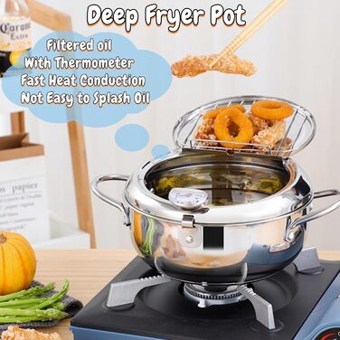 Горщик для смаження в японському стилі, маленька фритюрниця з термометром і кришкою, каструля з нержавіючої сталі, сумісна з індукційною плитою (великий розмір 24 см)