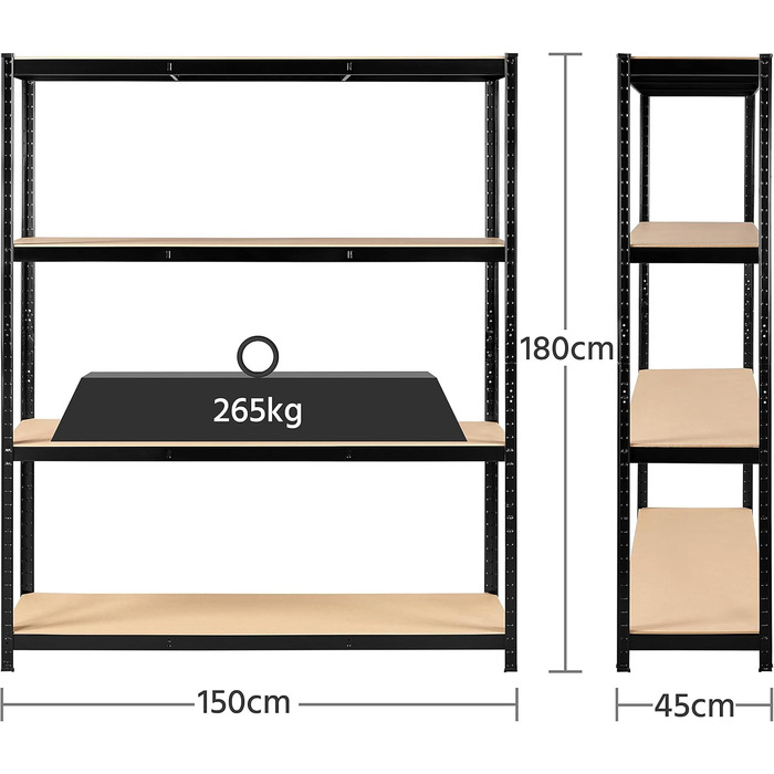Стелаж для зберігання важких матеріалів Yaheetech, окремостоячий стелаж, гаражний стелаж, металевий стелаж, система полиць, 4 полиці, 265 кг на полицю, 180 x 150 x 45 см