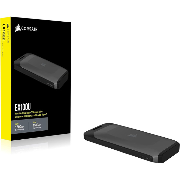 Портативний USB-накопичувач Corsair EX100U на 1 ТБ з інтерфейсом USB Type-C - надшвидкий для будь-якого ПК/машини/консолі, Gen2 x2, Plug-and-Play, у комплекті кабелі USB Type-C і USB Type-A - чорний