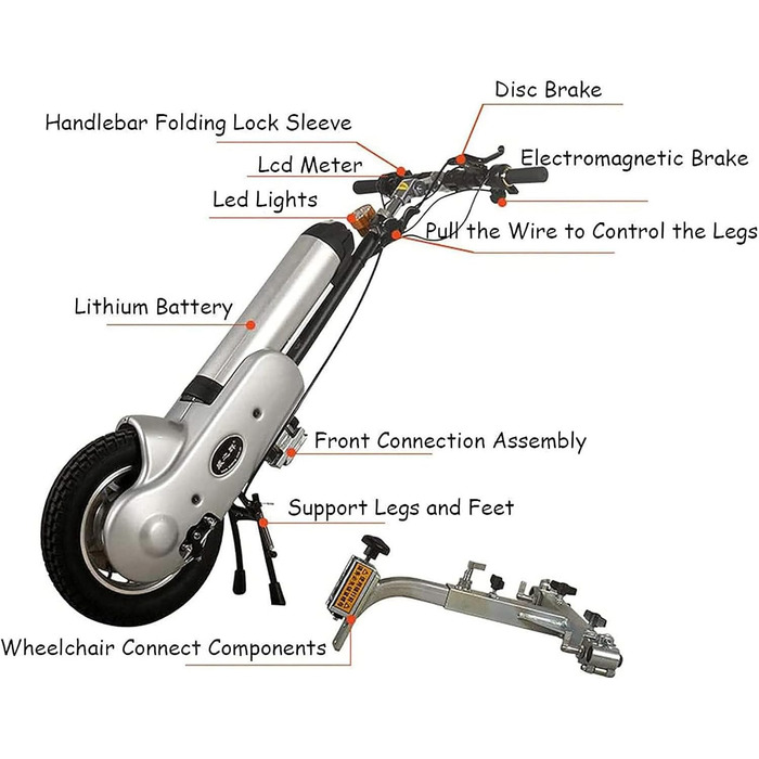 Електричний ручний велосипед для інвалідного візка, 12-дюймовий пристрій для тяги інвалідного візка, електричний ручний велосипед кріплення для інвалідного візка потужністю 400 Вт з переднім світлом
