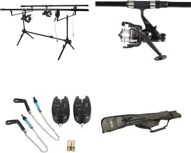 Набір для лову коропа - Повний комплект рибальського спорядження для коропових рибалок - Вудка, котушка, сигналізатор клювання, свінгер та багато іншого - Високоякісний набір для початківців та експертів - У комплекті стандартний кейс на 2 вудки