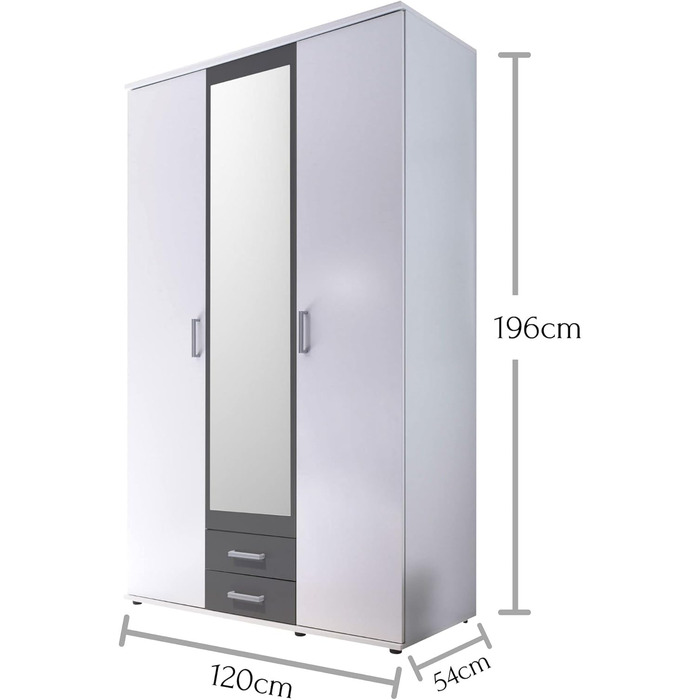 Шафа з дзеркальними дверима білого та графітового кольору - Універсальна 3-дверна шафа для вашої спальні - 120 x 196 x 54 см (Ш/В/Г) Білий / Графітовий 3-дверний