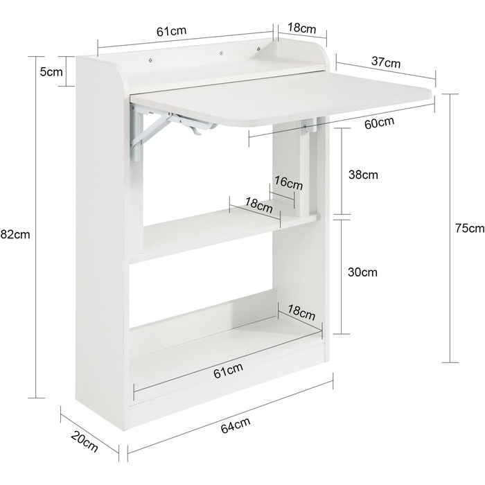 Складаний комп&39ютерний стіл з полицями Невеликий робочий стіл Офісний стіл Складаний стіл для домашнього офісу Настінний стіл Стіл для ноутбука Білий 64x82x58 см FWT92-W 64x58x82 см