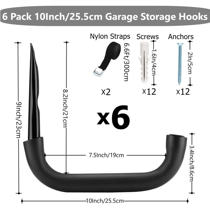 Міцні гачки для зберігання в гаражі, гачок для драбини, 25,4 см, настінний кронштейн, зберігання, гаражна вішалка для велосипедів, садові інструменти, стілець, шланг, 6 шт.