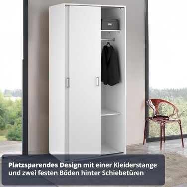 Шафа KHG, біла, 2-дверна шафа з розсувними дверима та 1 рейкою для одягу, 2 полицями, штанговими ручками, позачасова шафа з розсувними дверима, 2-дверна