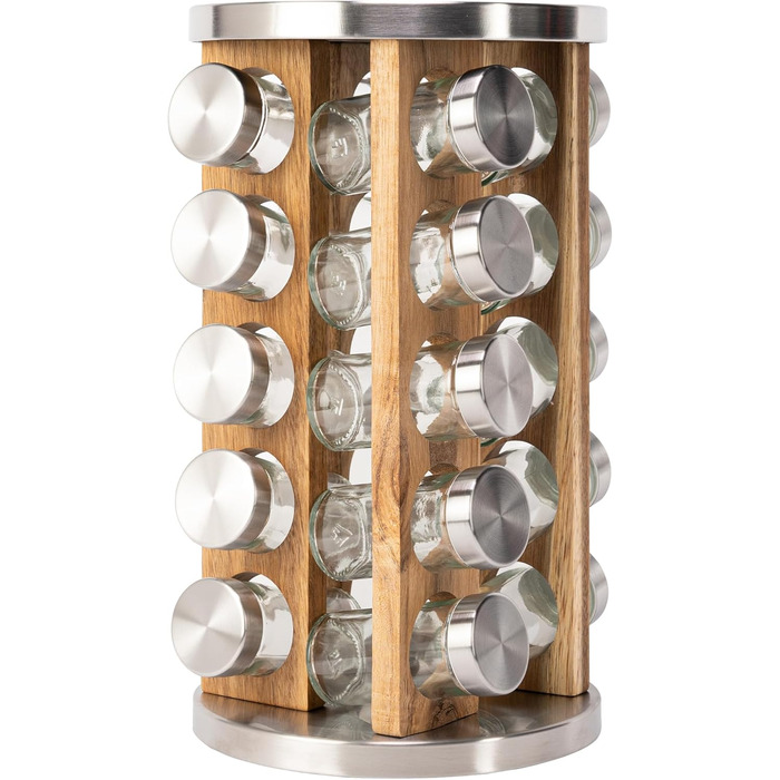 Обертова карусель для спецій з 20 баночками для спецій - Кругла карусельна підставка для спецій - Органайзер для спецій - Підставка для спецій з нержавіючої сталі та дерева - Обертова карусель для спецій - Дерев&39яна підставка для спецій 20 x 20 x 31 см