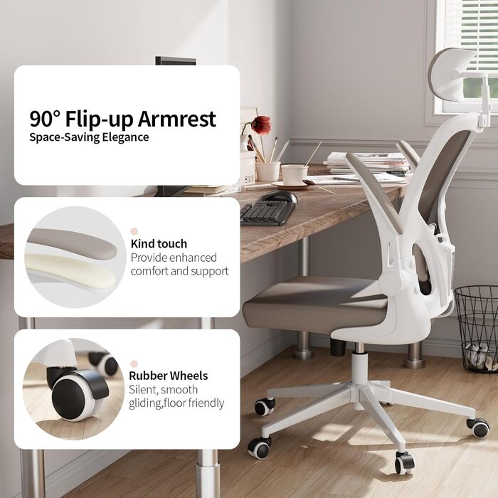 Ергономічне офісне крісло Monhey, висока спинка, сітчаста тканина, комп&39ютерне крісло з відкидними підлокітниками, регульованою поперековою опорою та підголівником, обертове крісло для дому та офісу 01beige
