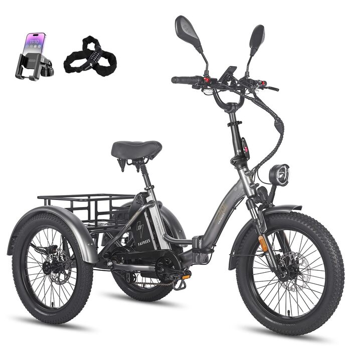 Електричний триколісний велосипед Fafrees F20 Mate для дорослих, складний електровелосипед 20 * 3,0 дюйма, 3-колісний вантажний електровелосипед 48 В 65 Нм, старший електровелосипед з гідравлічними гальмами, вантажопідйомність 180 кг, сірий, акумулятор 21