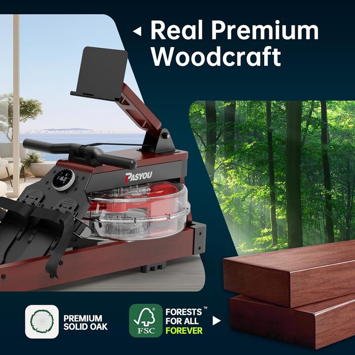 Гребний тренажер PASYOU для домашнього використання, дуб, складний водний гребний тренажер з Bluetooth-дисплеєм та 30-денним безкоштовним членством у Kinomap, гребний тренажер з регульованим тримачем для планшета, вантажопідйомність 150 кг, PW60 коричневи