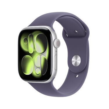Розумний годинник Apple Watch Series 11 GPS 46 мм зі сріблястим алюмінієвим корпусом та спортивним ремінцем кольору туманно-фіолетового (S/M). Оцінка сну, фітнес-трекер, відстеження здоров&39я, завжди ввімкнений дисплей, водонепроникність. Корпус S/M 46 м