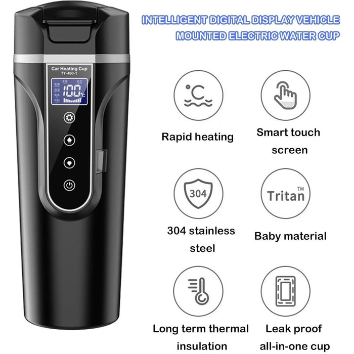 Автомобільний чайник Memows, Автомобільний чайник 12V Туристичний чайник 500 мл, 12 Вольт Кемпінговий чайник Прикурювач 304 Нержавіюча сталь з РК-дисплеєм і контролем температури для автомобільної вантажівки