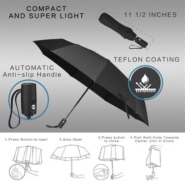 Парасолька AMVUZ Штормозахисна дорожня вітрозахисна автоматична складна парасолька з відкритим закриттям, парасолька з тефлоновим покриттям 210T чорна
