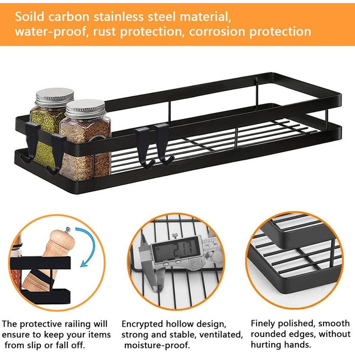Підставка для спецій без свердління, кухонна полиця Auciej, настінна підставка для спецій, підвісна металева, 2 яруси з 8 знімними гачками, полиця для душу для кухні, ванної кімнати, балкону, 35 x 12 x 5,7 см, чорна