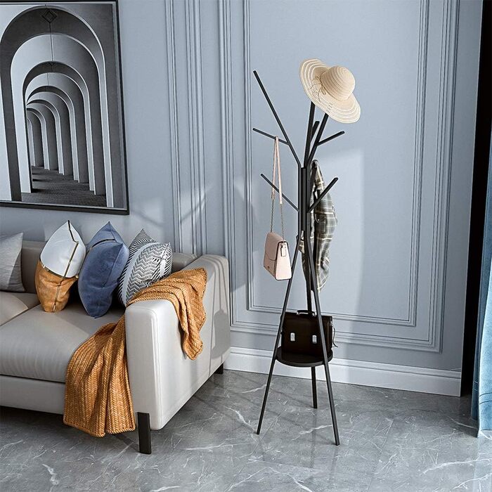 Підлогова вішалка для передпокою дерево - чорна вішалка висотою 180 см з полицею і 9 гачками для сумочки-куртки-шарфа, Freestandin