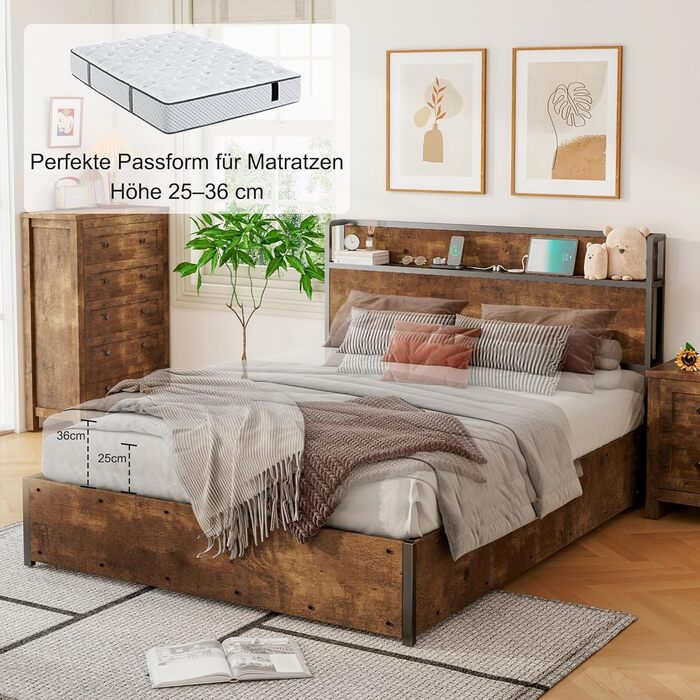 Ліжко з механізмом зберігання та підйому, ліжко-платформа з дерев&39яним узголів&39ям, відділеннями для зберігання та зарядною станцією, без матраца (коричневе, 140x200 см) Коричневий 140x200 см