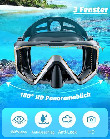 Набір для дорослого підводного плавання, маска для дайвінгу з трубкою, маска для підводного плавання з 3 вікнами, захист від запотівання, захист від протікання, професійний набір для дорослого підводного плавання, плавання та дайвінгу, сріблястий чорний