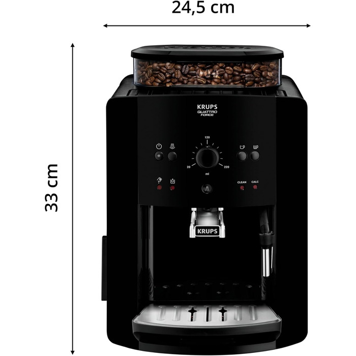 Повністю автоматична кавоварка Krups EA8110 Arabica Quattro Force 1450 Вт Ємність резервуара для води 1,8 літра Тиск насоса 15 бар 3 температури та 3 налаштування помелу елегантний дизайн Чорний Чорний Сингл