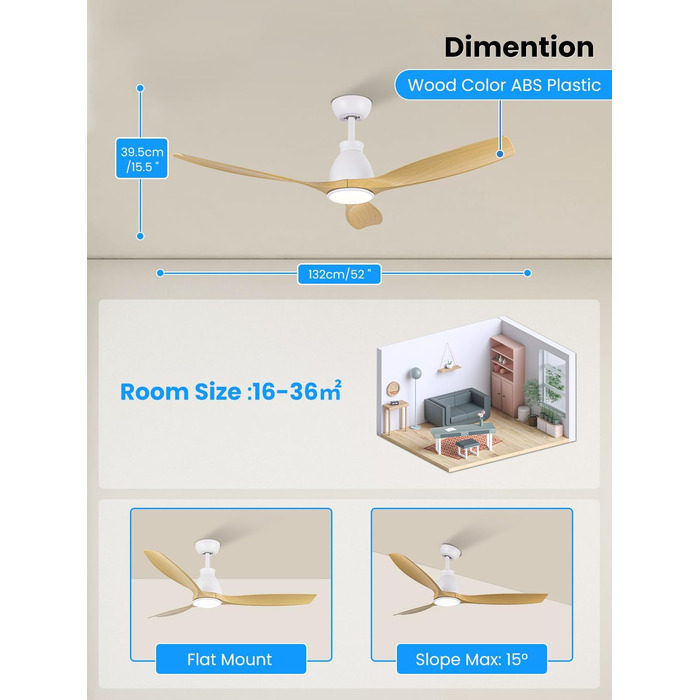 Стельовий вентилятор Newday 132 см Woody з підсвічуванням і дистанційним керуванням, стельові вентилятори з підсвічуванням, безшумний двигун постійного струму, стельовий вентилятор зі світлодіодним освітленням із можливістю затемнення для спальні